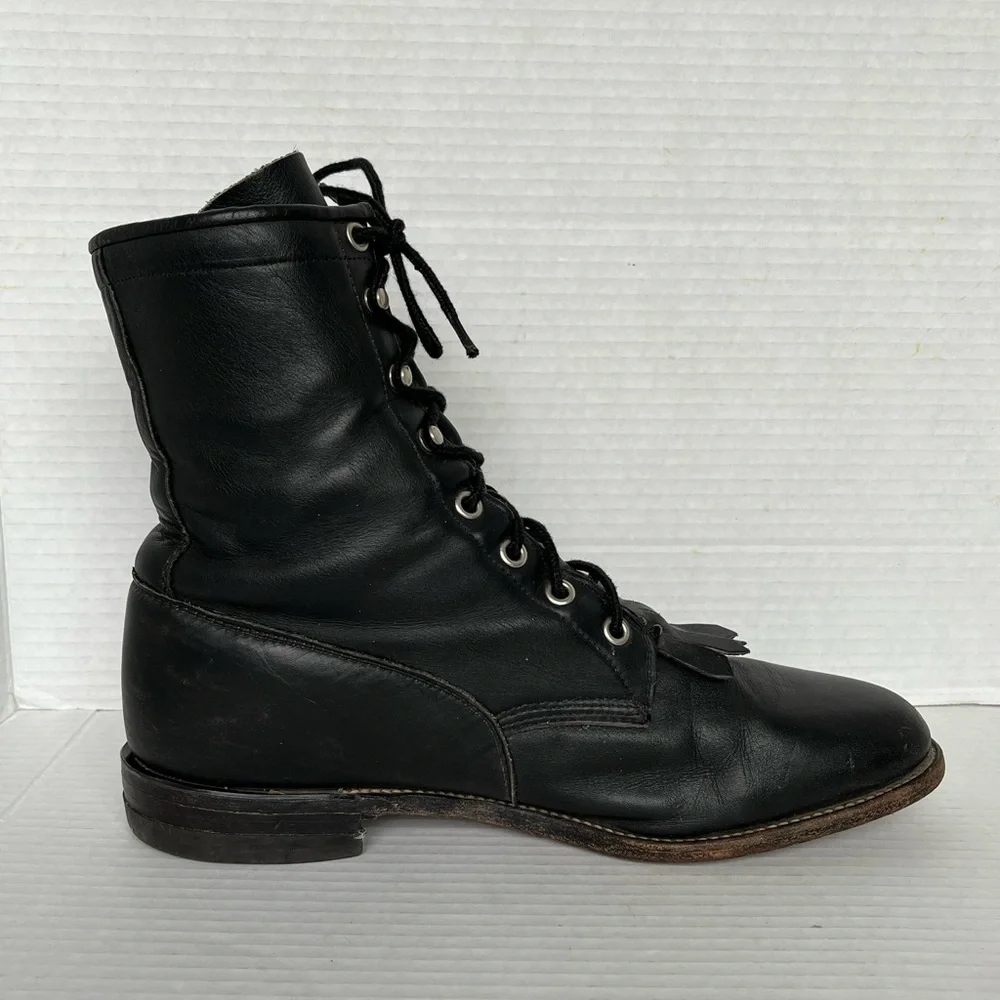 Justin Western Roper Kiltie Boots Women Size 9 B Black Leather Lace Up L0620 - Picture 8 of 11